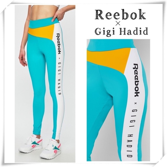 REEBOK Gigi Hadid Logo Color Block 7/8 Length Leggings in Aqua Blue - Picture 1 of 9